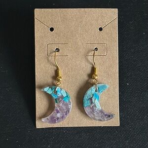 Turquoise and Amethyst Crescent Moon Earrings - Clear